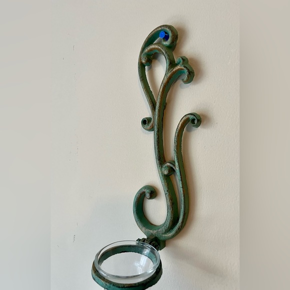 Vintage Metal Teal & Gold Wall Mounted Candle Sconce 11x3x3.5” - Picture 4 of 7